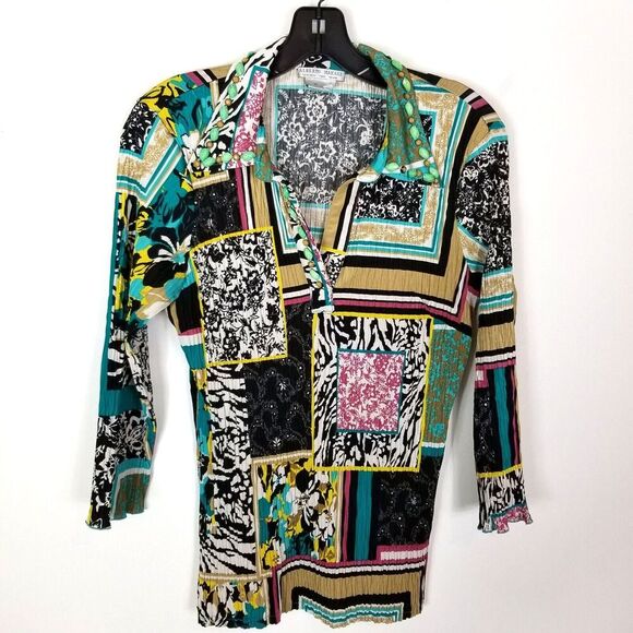 Alberto Makali Tops - ALBERTO MAKALI Blouse Shirt Sz XL Crinkle Black White Jade Multicolor Top Artsy